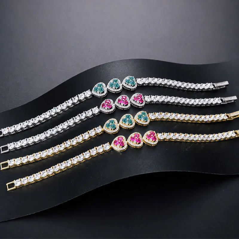 Abestecom 3.5mm Round D color Moissanite Heart Tennis Bracelet Gold Plated Fashion Pave-set Diamonds Bracelet Valentines Gift