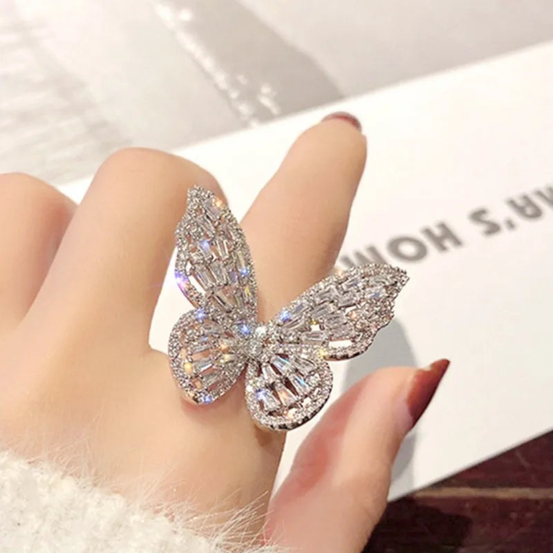 Butterfly Opening Ring Luxury Shiny Full Zircon Rings Women Fashion Engagement Bridal Wedding Finger Ring Female Jewelry