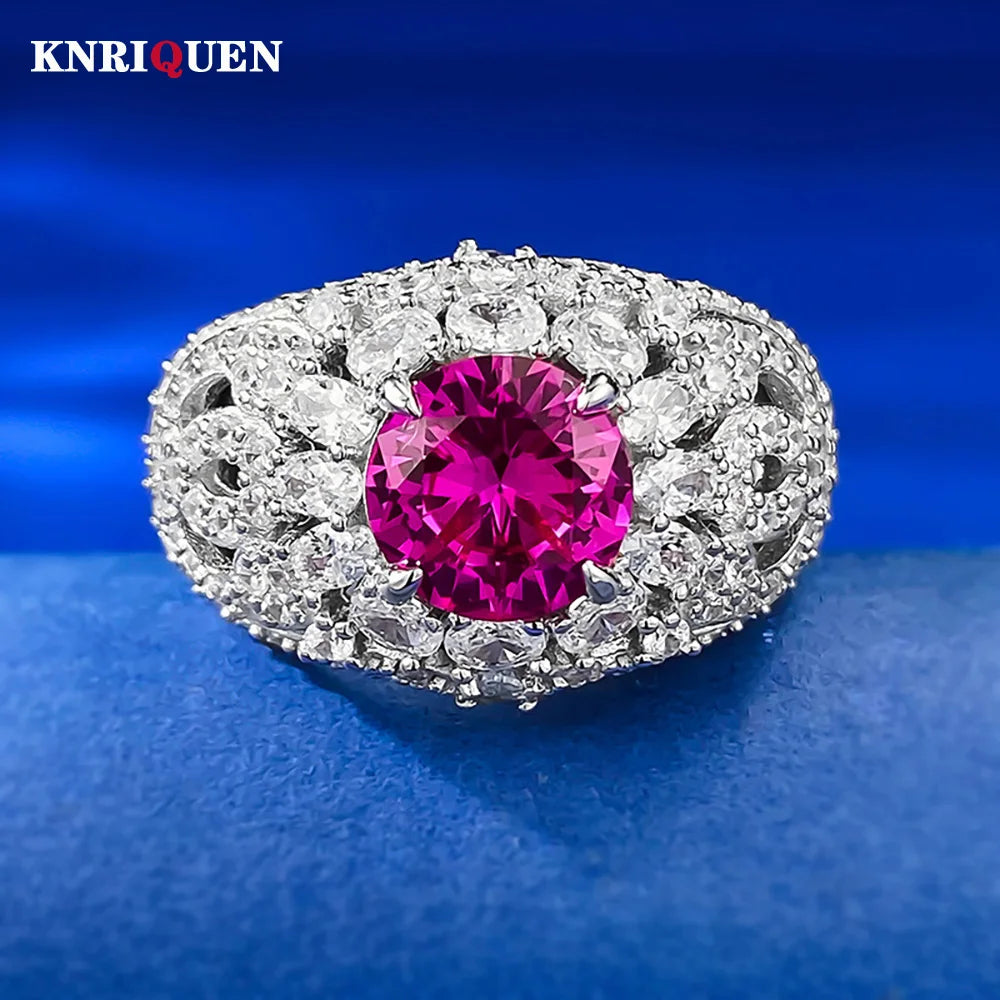 Vintage 100% 925 Sterling Silver 8mm Rose Red Ruby Rings for Women Gemstone Wedding Cocktail Party Fine Jewelry Anniversary Gift