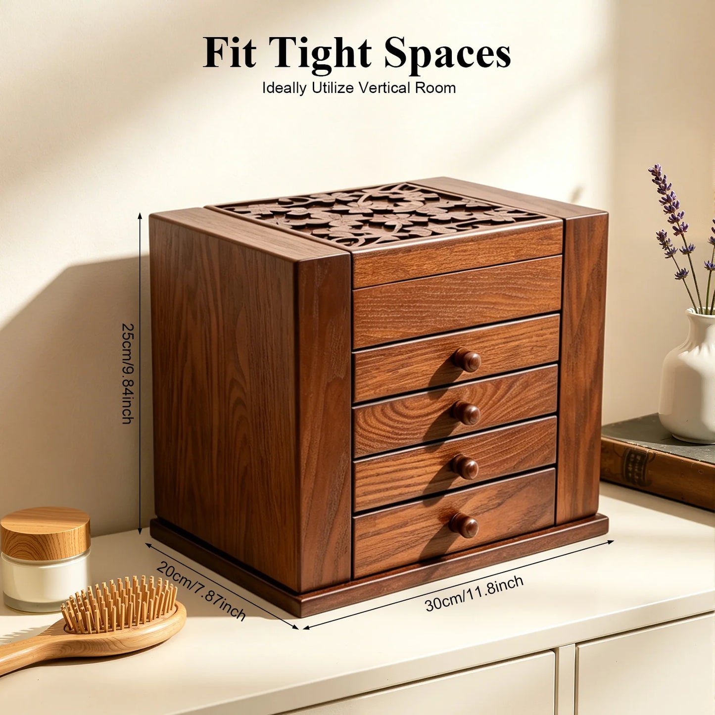 Jewelry Boxes, 5 Layer Jewelry Box, Dark Brown Storage Box, Built-in Mirror, Compact Size 11.81x7.87x9.84 Inch, Space Saving Desktop Organizer for Earrings Necklaces