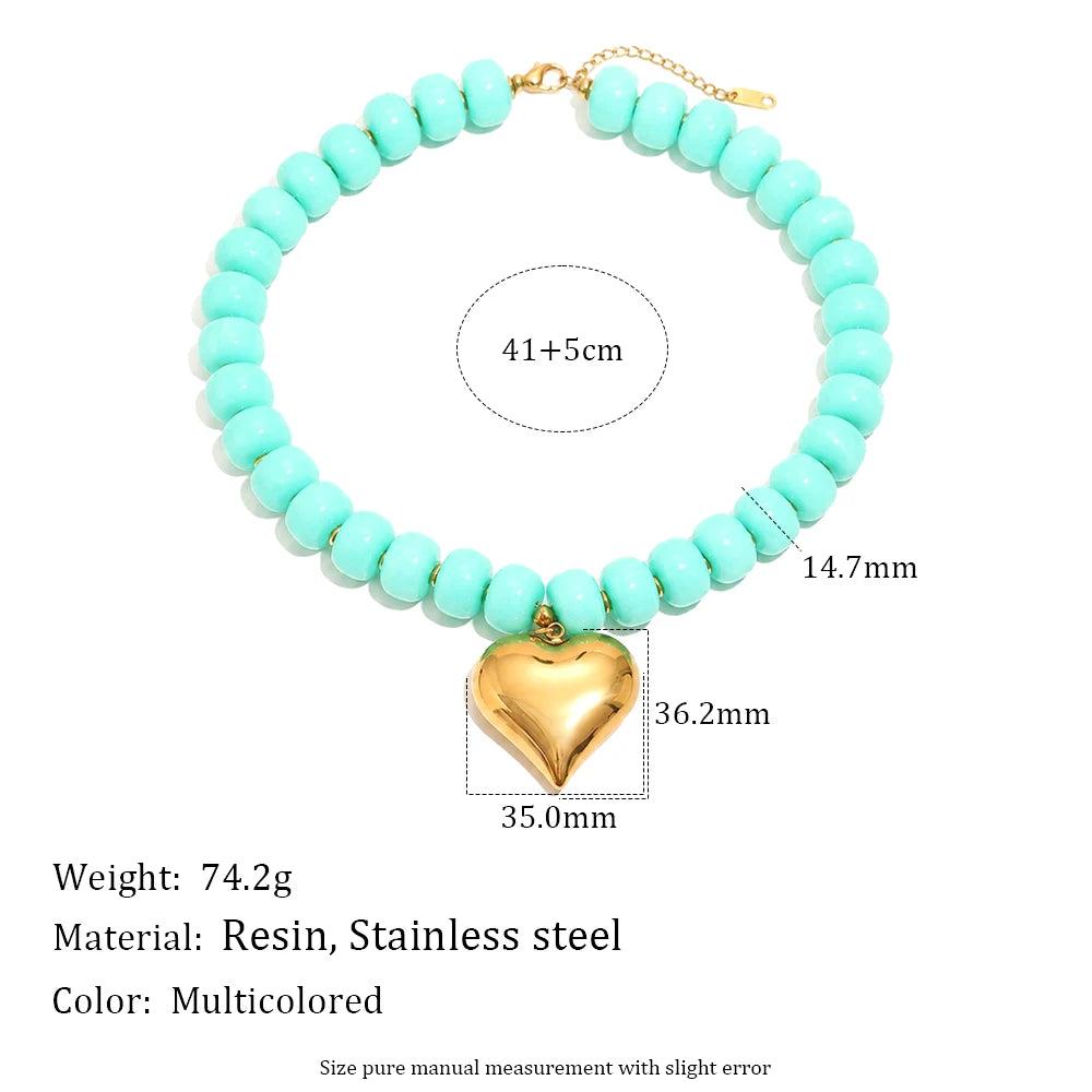 E.B.belle Candy Color Bead Heart Charm Necklaces Colorful Dopamine Resin Chain Necklace Tarnish Y2K Fashion Women Jewelry