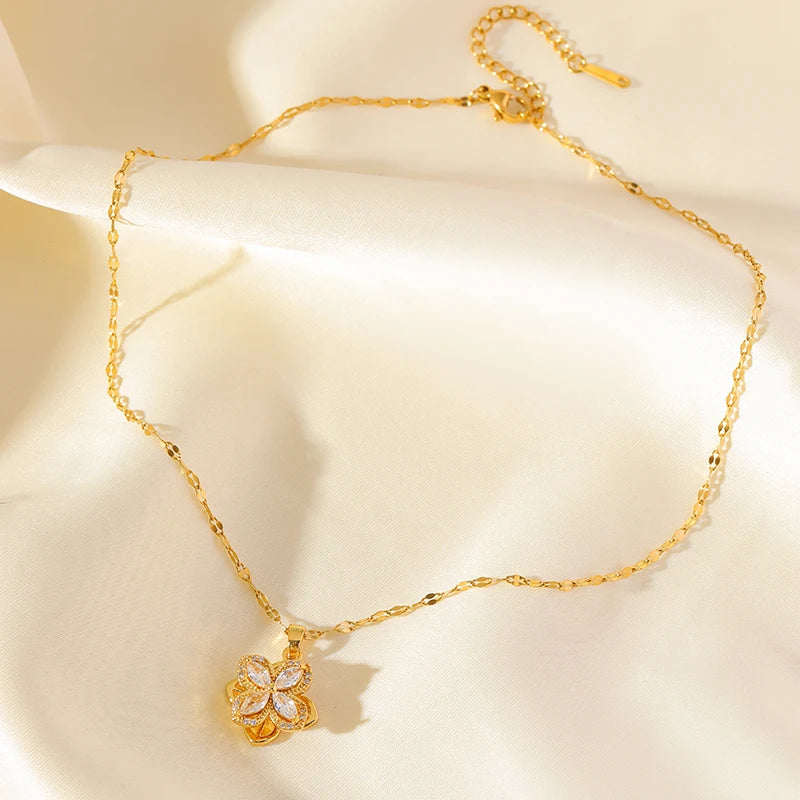 EILIECK New Fashion Stainless Steel Rotating Green Clover Zircon Necklace Bracelet Set For Women Trendy Waterproof Jewelry Gift