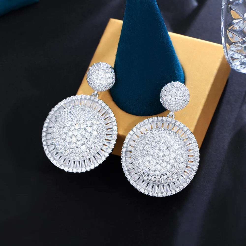 ThreeGraces High Quality Cubic Zirconia Silver Color Luxury Big Geometric Round Dangle Earrings for Women Party Jewelry E1227