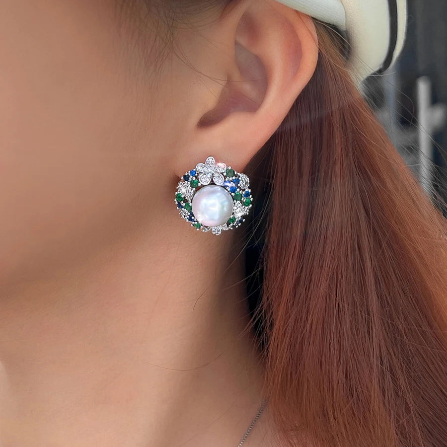 ThreeGraces Delicate Shiny Green Blue Zirconia Big Simulated Pearl Bridal Wedding Stud Earrings for Women Party Jewelry E2025