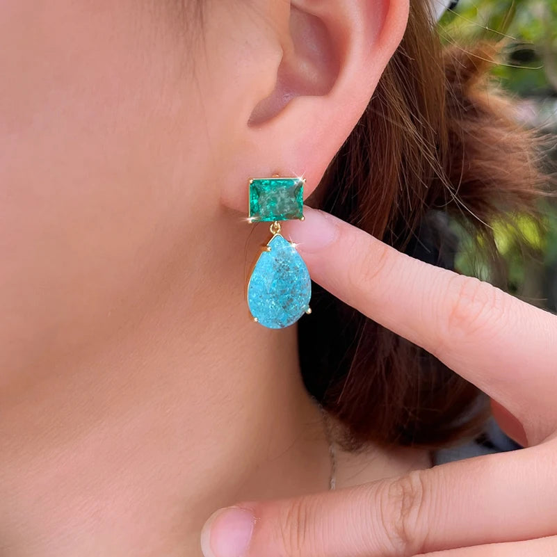 ThreeGraces Unique Green Blue Zirconia Elegant Ice Crack Water Droplet Earrings for Women Fashion Daily Party Jewelry E2007