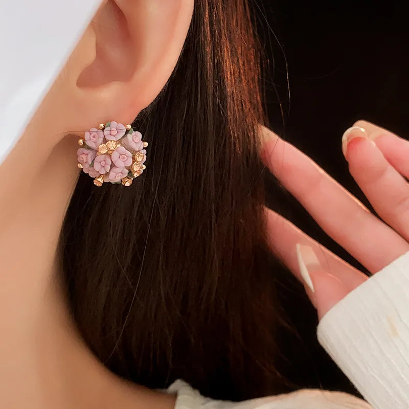 Pink Rhinestone Ceramic Flower Ball New in Stud Earrings for Women Temperament Versatile Earring Luxury Silver Jewelry Wholesale
