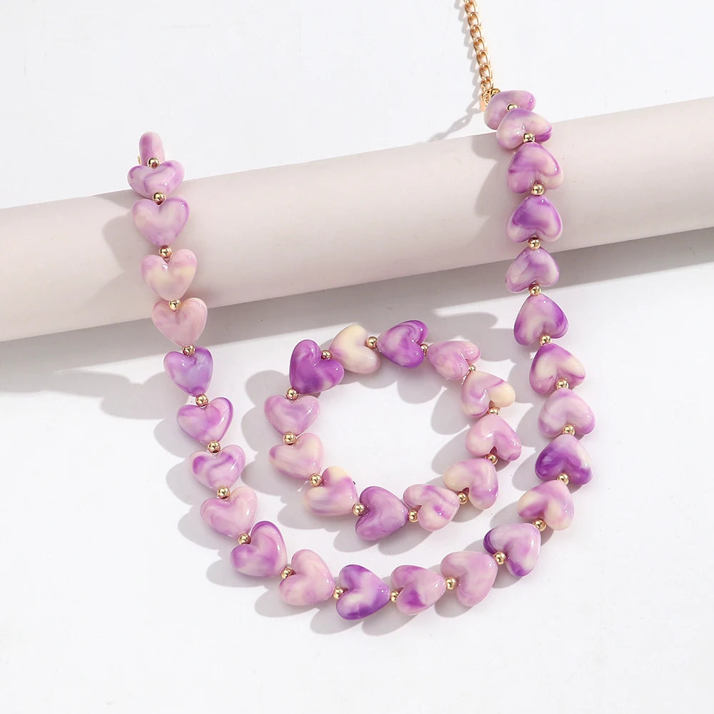 New Colorful Acrylic Geometric Heart Beaded Necklace Bracelet Set Fashion Love Heart Beads Choker Necklace Women Jewelry Gifts