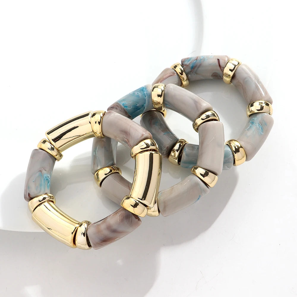3pcs Fashion Chunky Tube Beaded Elastic Bangle Bracelets Acrylic Marbled Geometric Curved Beaded Bracelet Vintage Jewelry Gifts