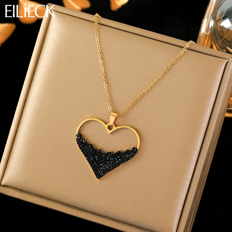 EILIECK 316L Stainless Steel Creative Sparkling Black Heart Pendant Necklace For Women Fashion Neck Chain Waterproof Jewelry
