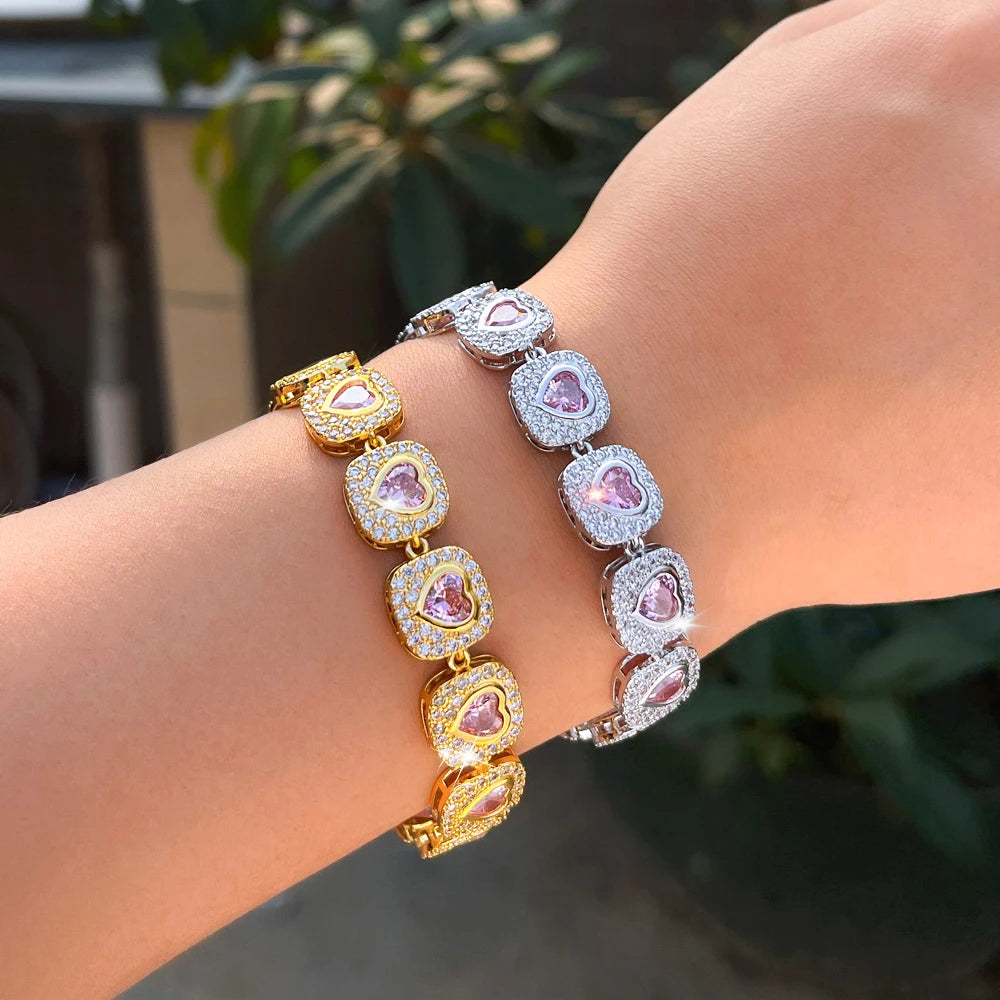 ThreeGraces Luxury Brilliant Pink Heart Zirconia Bridal Wedding Evening Party Geometric Link Chain Bracelet for Women BR474