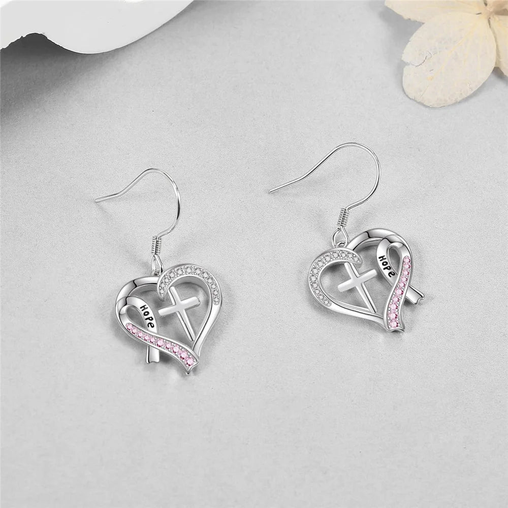 Charm Female Crystal White Pink Stone Cross Heart Earrings Cute Trendy Bridal Silver Color Wedding Jewelry For Women