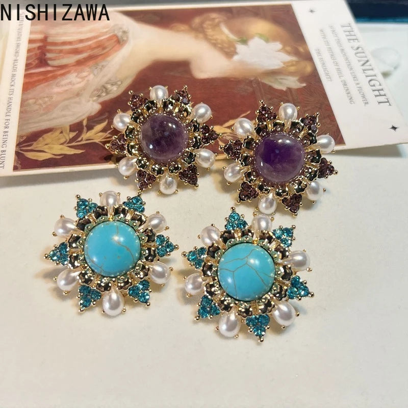 NISHIZAWA Amethyst Turquoise Earrings for Women Palace Style Geometric Retro Jewelry Fashion Elegant Aretes De Mujer