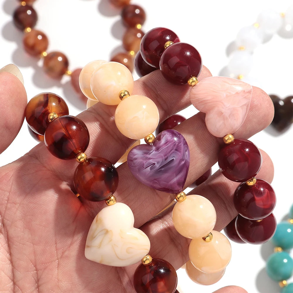 Trendy Acrylic Round Heart Beads Elastic Bangle Bracelets Resin Colorful Geometric Beaded Stretch Bracelet Women Charm Jewelry