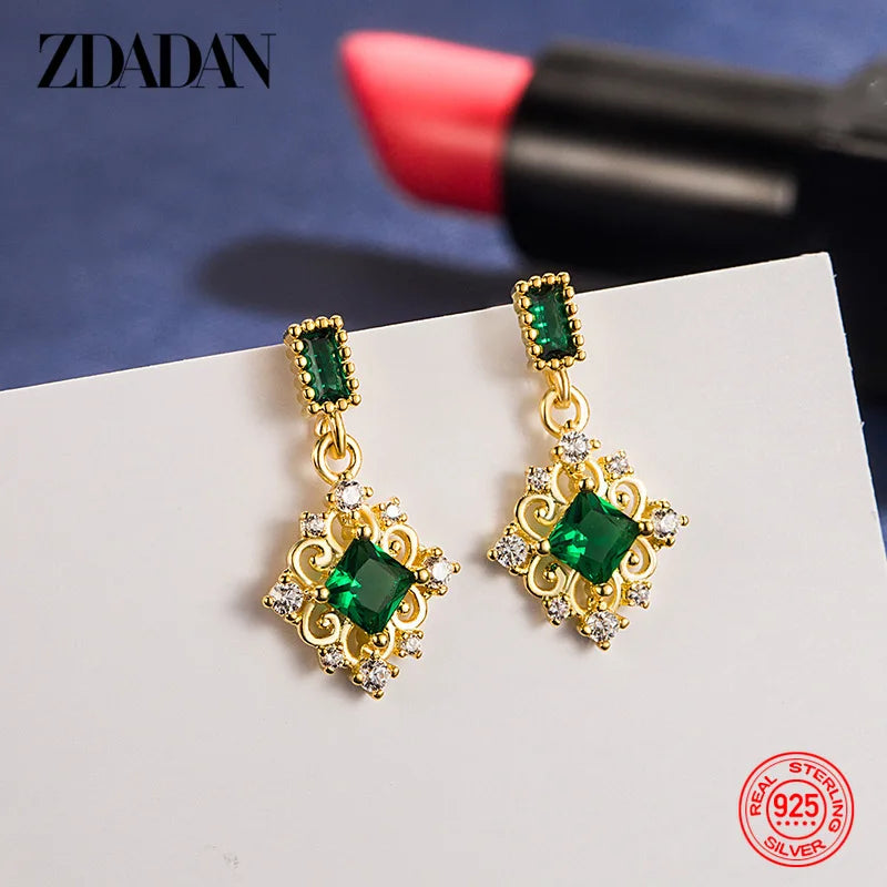 ZDADAN 925 Silver 18K Gold Square Emerald Drop Earrings For Women Wedding Jewelry