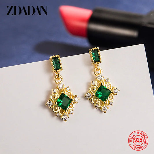ZDADAN 925 Silver 18K Gold Square Emerald Drop Earrings For Women Wedding Jewelry