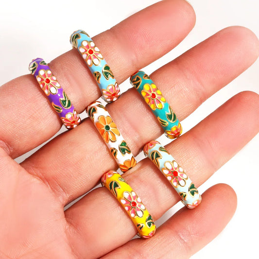 Colorful Enamel Flower Stainless Steel Open Ring for Women 18K Gold Color Oil Drip Round Finger Jewelry Fashion Vintage Jewelry