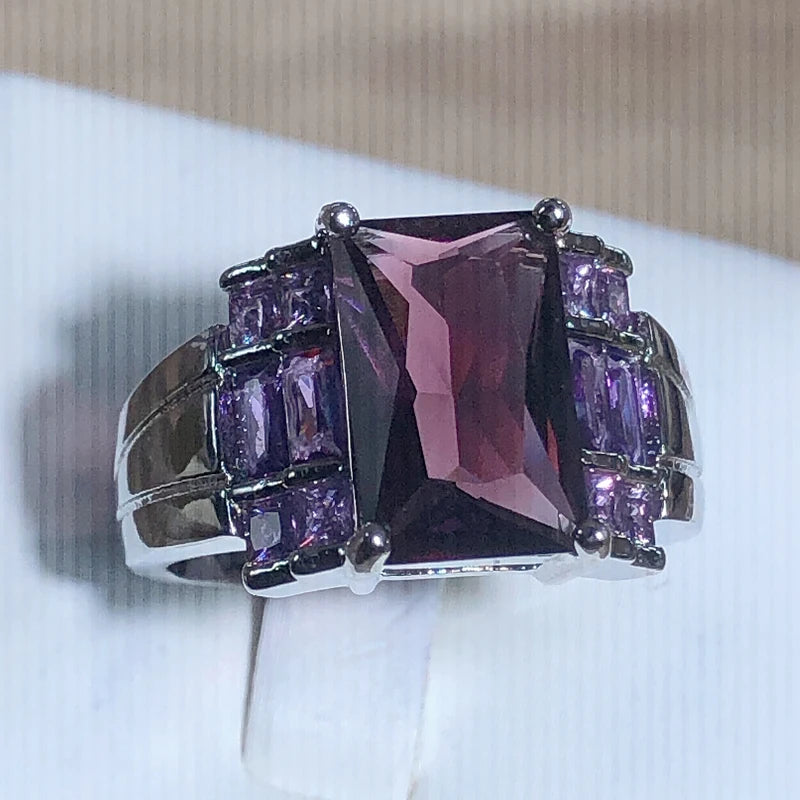 New Fashion Purple Zircon Square Ring Women 925 Stamp Exquisite Luxury Large Rectangular Zircon Party Birthday Gift