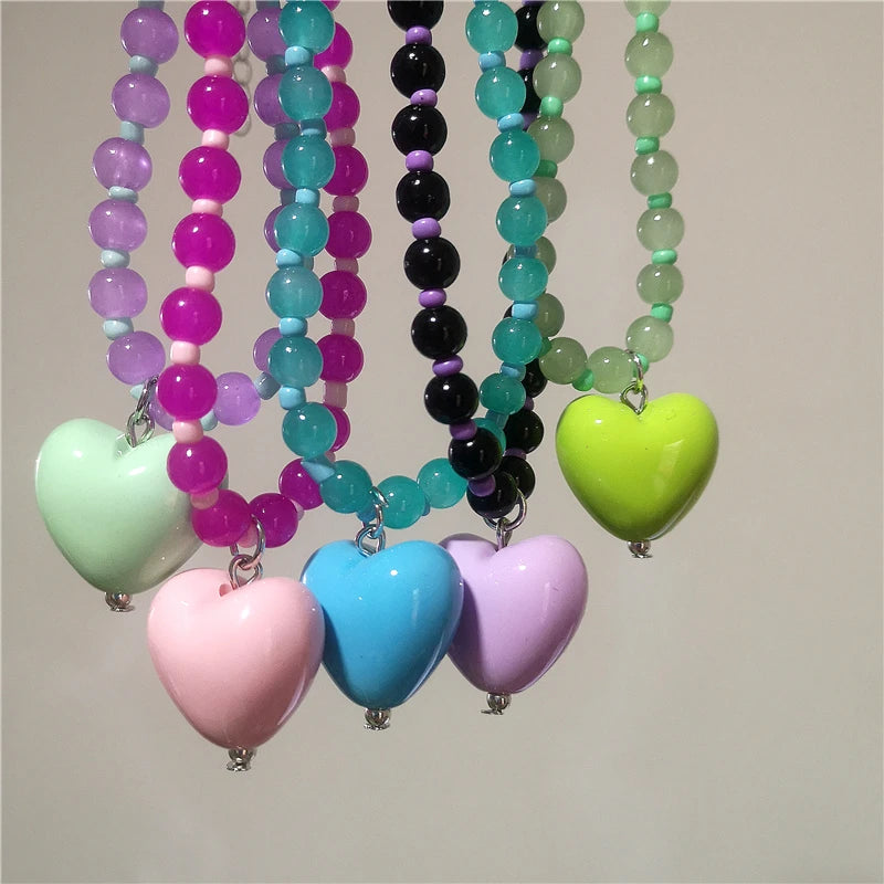 2026 New Color Beaded Chain Resin Heart Pendant Necklace For Women Girls Trendy Clavicle Chain Delicate Jewelry Gift