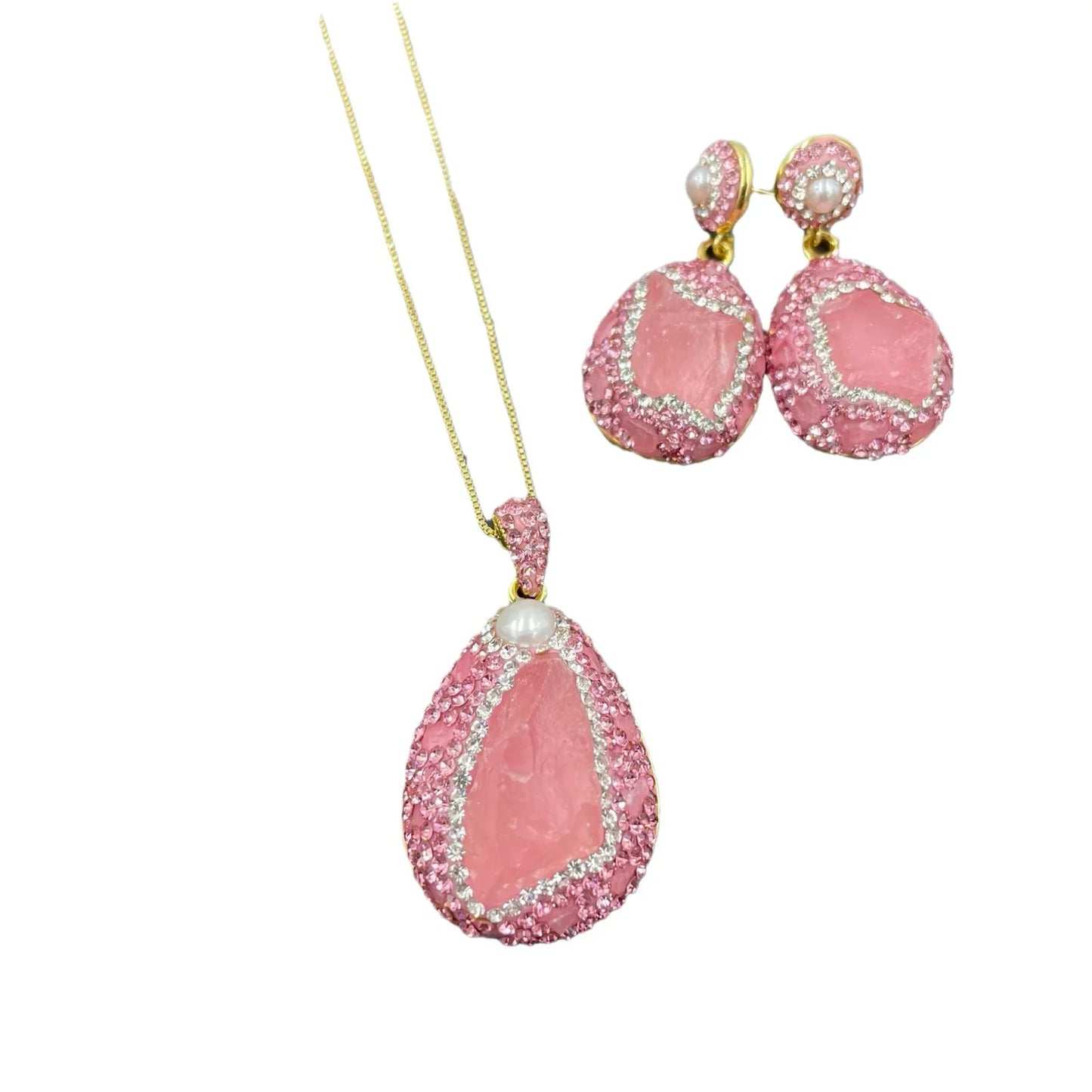 New Natural Gemstone Powder Crystal Original Stone Set for Women Rose Quartz Adjustable Ring Earrings Pendant Necklace 3 in 1
