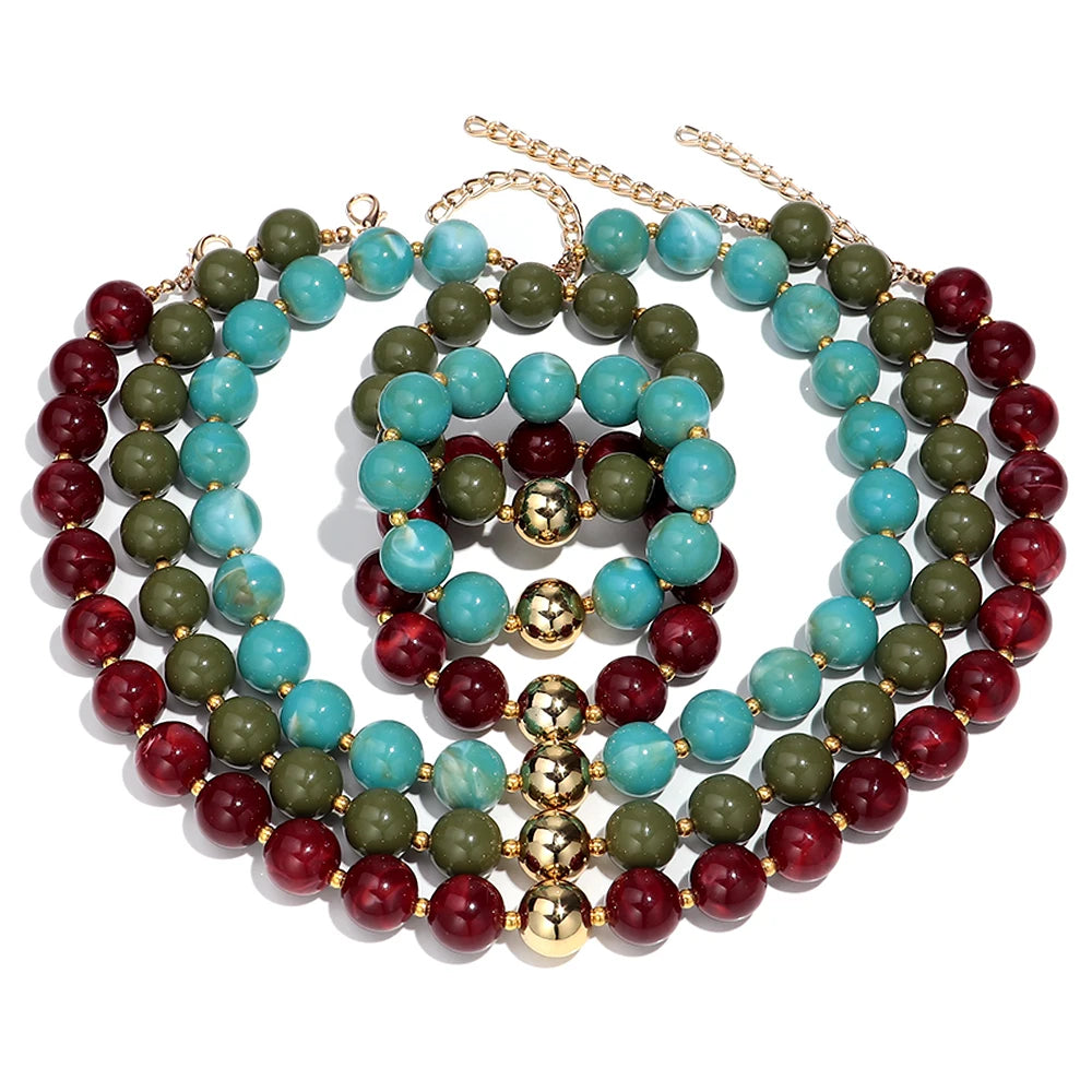 Trendy Acrylic Multicolor Round Beads Necklace Bracelet Set Resin Geometric Beaded Choker Necklaces 2026 Fashion Jewelry