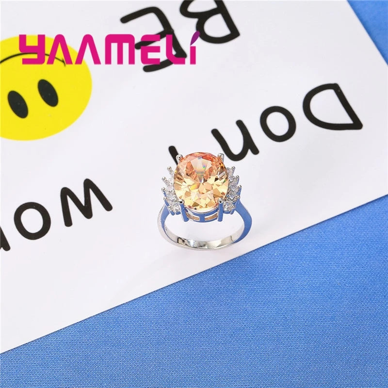 Classic Women Wedding Romantic Jewelry 925 Sterling Silver Color Band Rings Paved Big Oval Champagne Crystals Female Bague