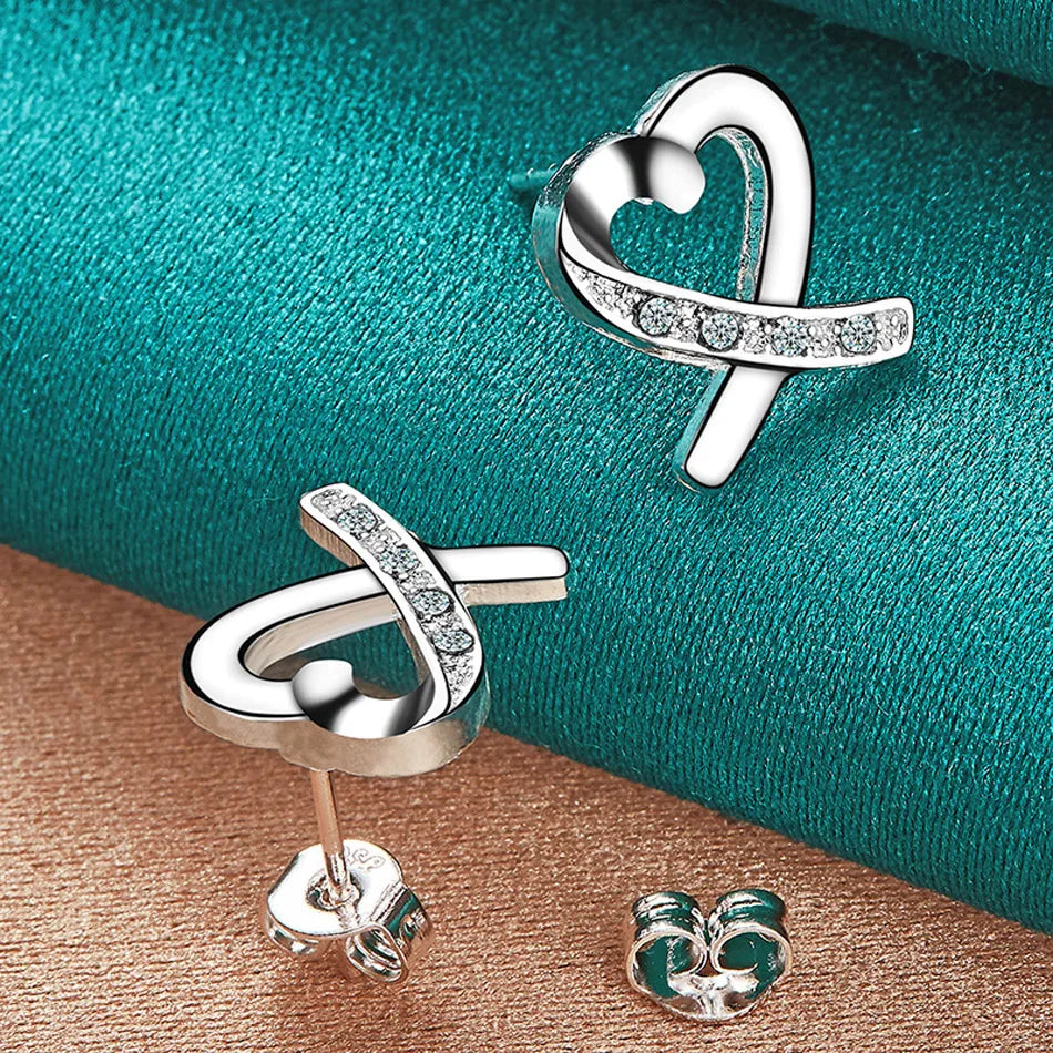 URMYLADY 925 Sterling Silver Love Heart Zircon Stud Earrings For Women Wedding Party Fashion Jewelry