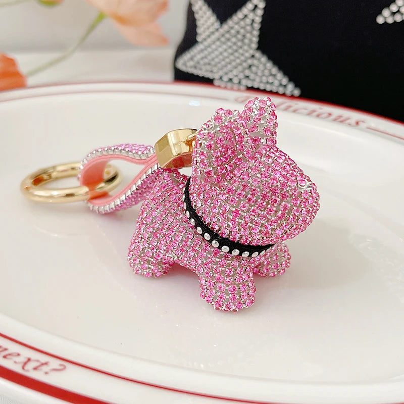 Full Crystals Anime Cartoon Keychain Wommen Bag Key Ring Hearts Bulldog Bears Souvenirs Gifts Брелоки