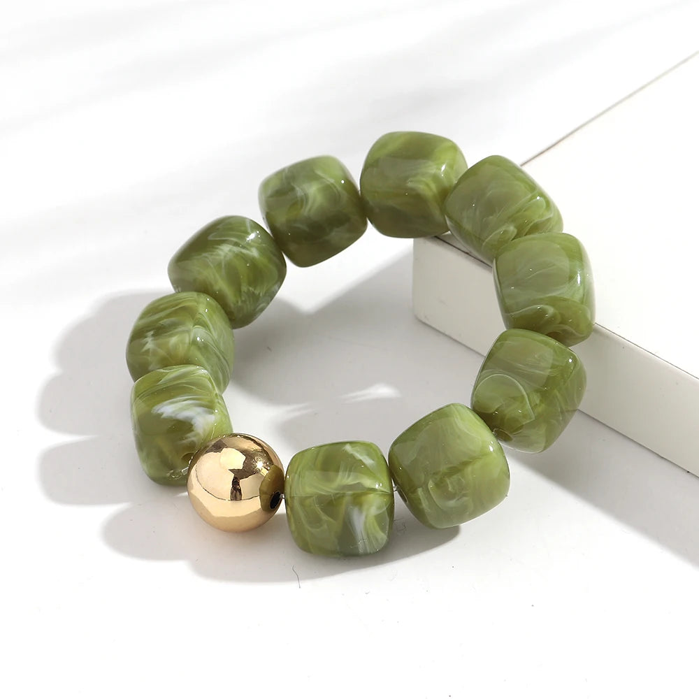 Acrylic Multicolor Irregular Beads Stretchy Bracelets Bangles for Women Resin Marbled Beaded Geometric Elastic Bracelet Jewelry