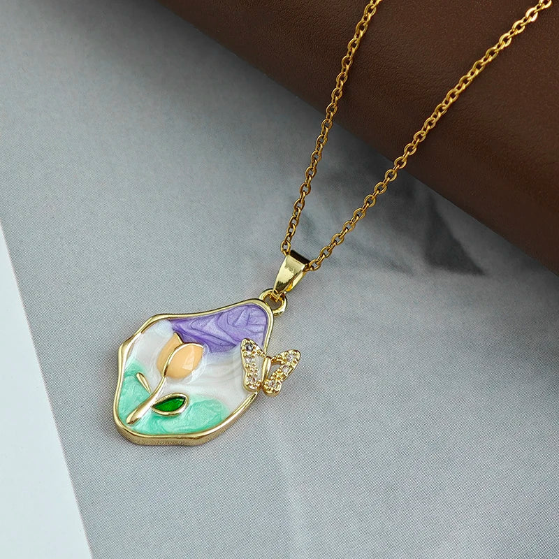 ANENJERY 316L Stainless Steel Irregular Pendant Flower Butterfly Heart Necklace For Women Romantic Niche Jewelry Gifts Wholesale