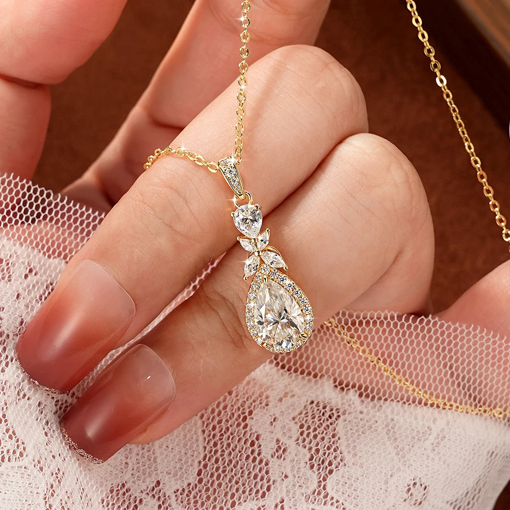 OXTAO 14K Gold Filled Teardrop Pendant Necklace 7x10.5mm Pear Shape Certified Moissanite Floral-Style Necklace for Women Jewelry