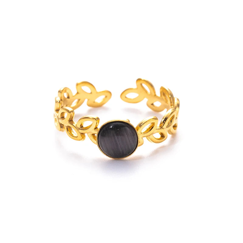 ANENJERY 316L Stainless Steel Hollow Leaf Colorful Stone Open Ring for Women Men Simple Jewelry Gifts Daily Wholesale