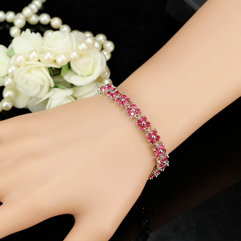 ThreeGraces Trendy Blue Cubic Zirconia White Gold Color Flower Shape Fashion Party CZ Tennis Bracelet for Women Jewelry BR353
