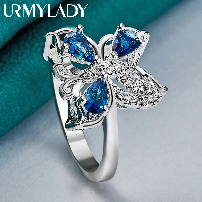URMYLADY 925 Sterling Silver Butterfly Blue Zircon 7-10# Ring For Women Fashion Wedding Party Charm Jewelry