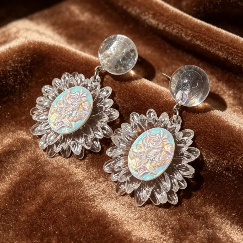 Transparent Flowers Women Earrings Sweet Light Luxury Fashion Jewelry Elegant Vintage Palace Style Pendientes Mujer