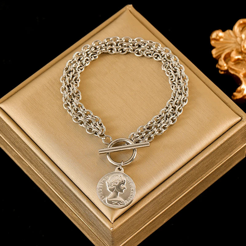EILIECK New Fashion Stainless Steel Coins Heart Charm Bracelet For Women Trendy Gold Silver Color Wrist Chain Jewelry Lady Gift
