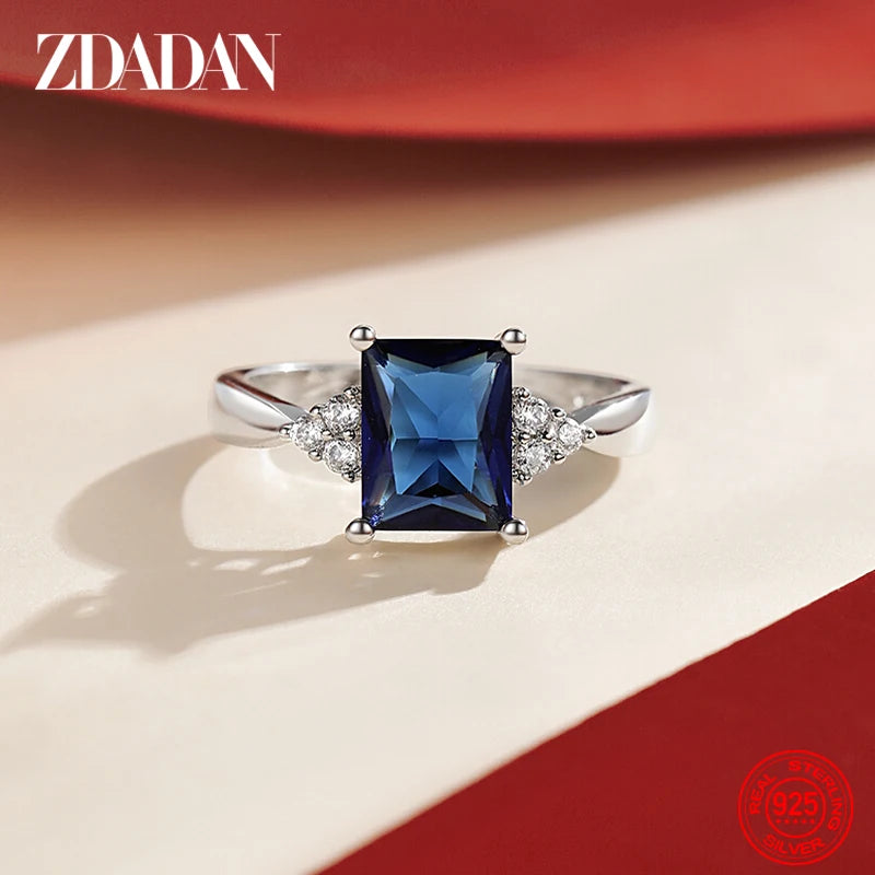 ZDADAN 925 Sterling Silver Square Aquamarine Ring For Women Fashion Wedding Jewelry