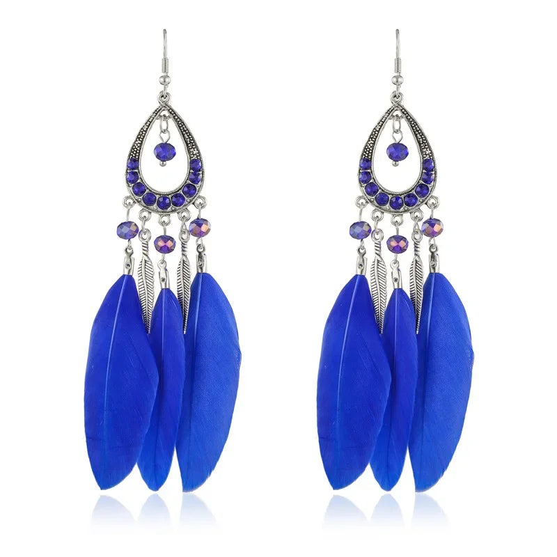 Bohemian Women Handmade Earrings For Female Colorful Long Feather Crystal Drop Tassel Dangle Earring Ladies Boho Jewelry Gift