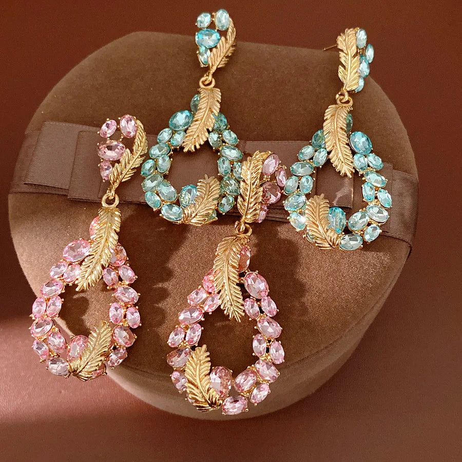 Vintage Rhinestone Inlaid Feather Drop Earrings Retro Style Light Luxury High Grade Elegant Exquisite Stud Ear Jewelry For Women