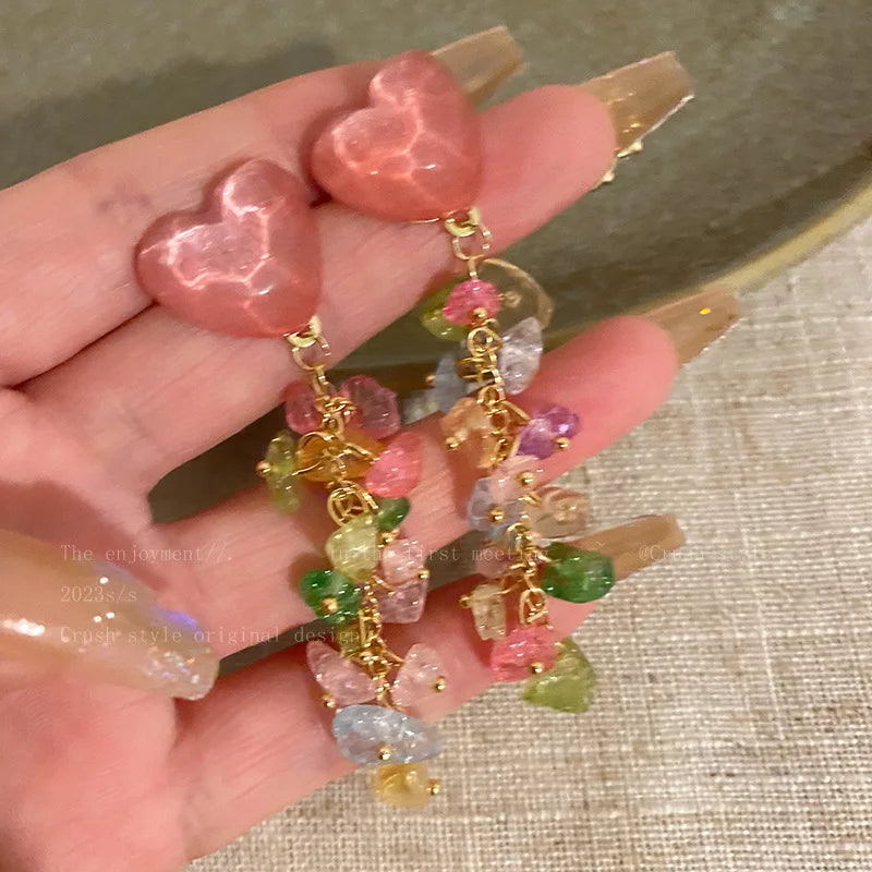 Multicolor Crystal Heart Earrings For Women Fashion Colorful Zircon Long Tassel Dangle Earrings Girls Party Daily Jewelry Gifts