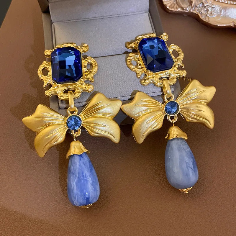 3 Pcs Bluey Rhinestone Square Bowknot Water Drop Dangle Earrings for Women Vintage Unique Design Necklaces Collar Jewelry Sets