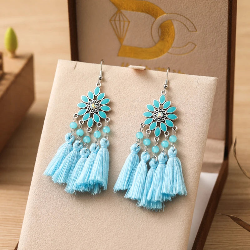Classic Ethnic Tassel Earrings for Women Bohemian Enamel Flower Crystal Handmade Earring Female DailyVacation Jewelry