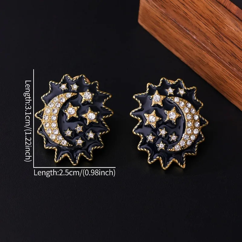 NISHIZAWA Stars Moon Earrings for Women Vintage Court Style Elegant Fashion Jewelry Rhinestones Black Aretes De Mujer