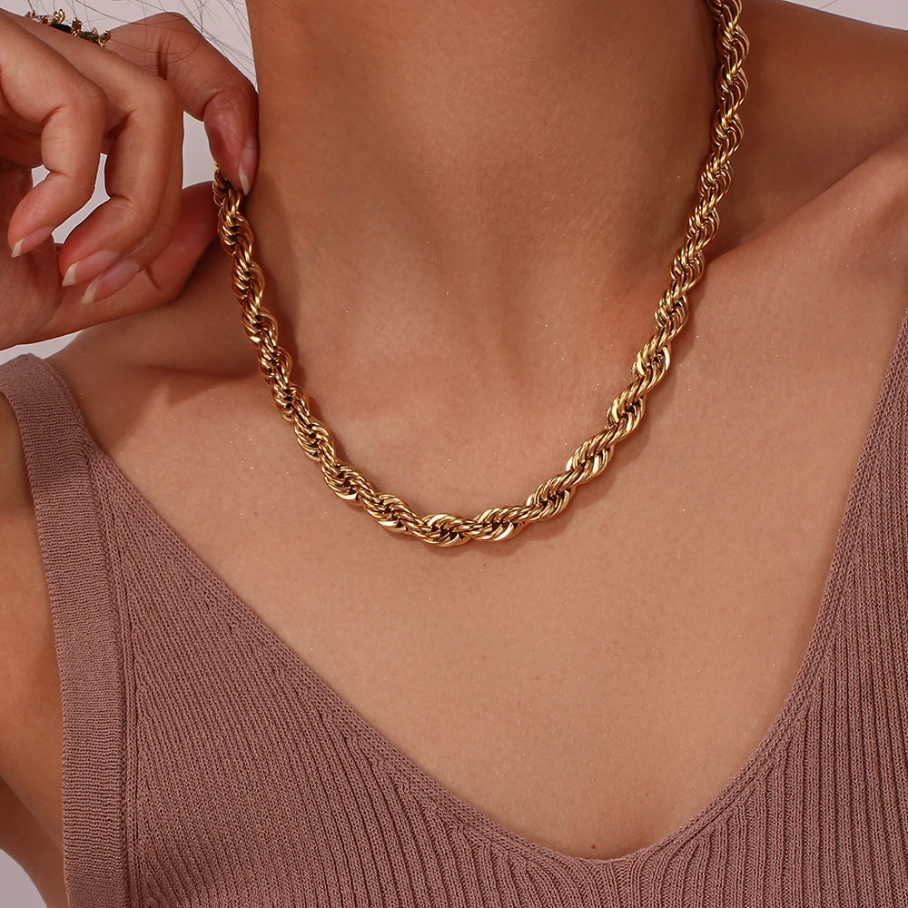 E.B.belle Tarnish Free Stainless Steel 18K Gold Plated Women's 8mm Chunky Twisted Rope Chain Necklace Trendy Gold Bracelet