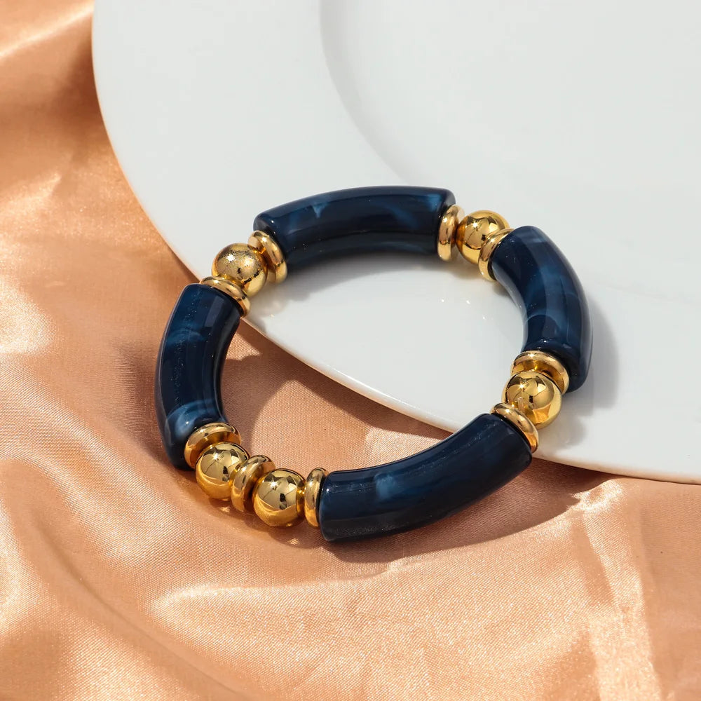 New Design Acrylic Gold Color Beads Chunky Bamboo Bracelets for Women Resin Curved Tube Stretchy Bangle 2024 Fashion Jewelry