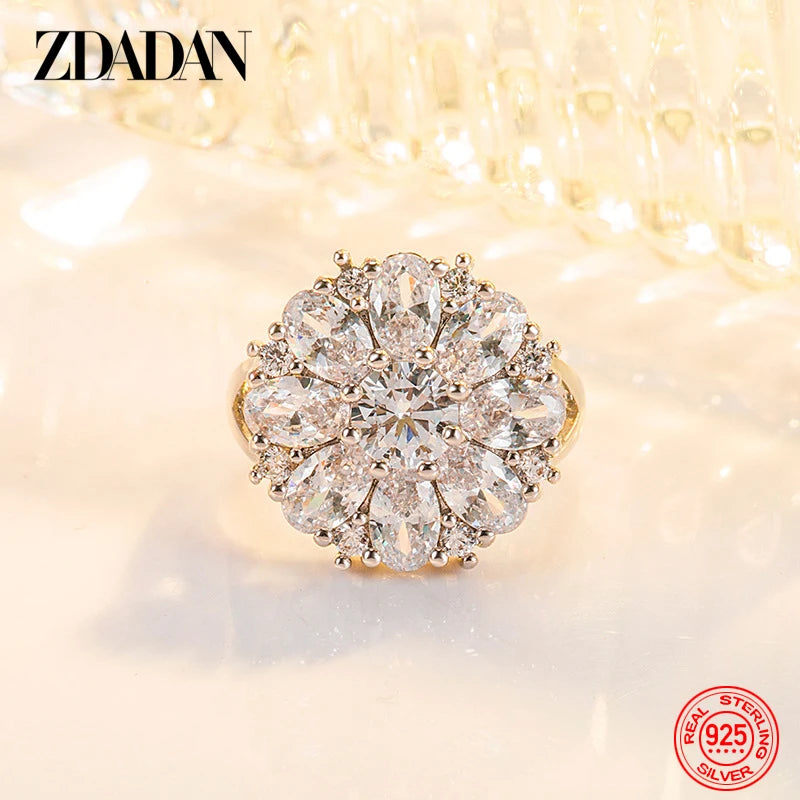 ZDADAN 925 Sterling Silver Flower Amethyst Finger Ring For Christmas Women Party Jewelry Gift
