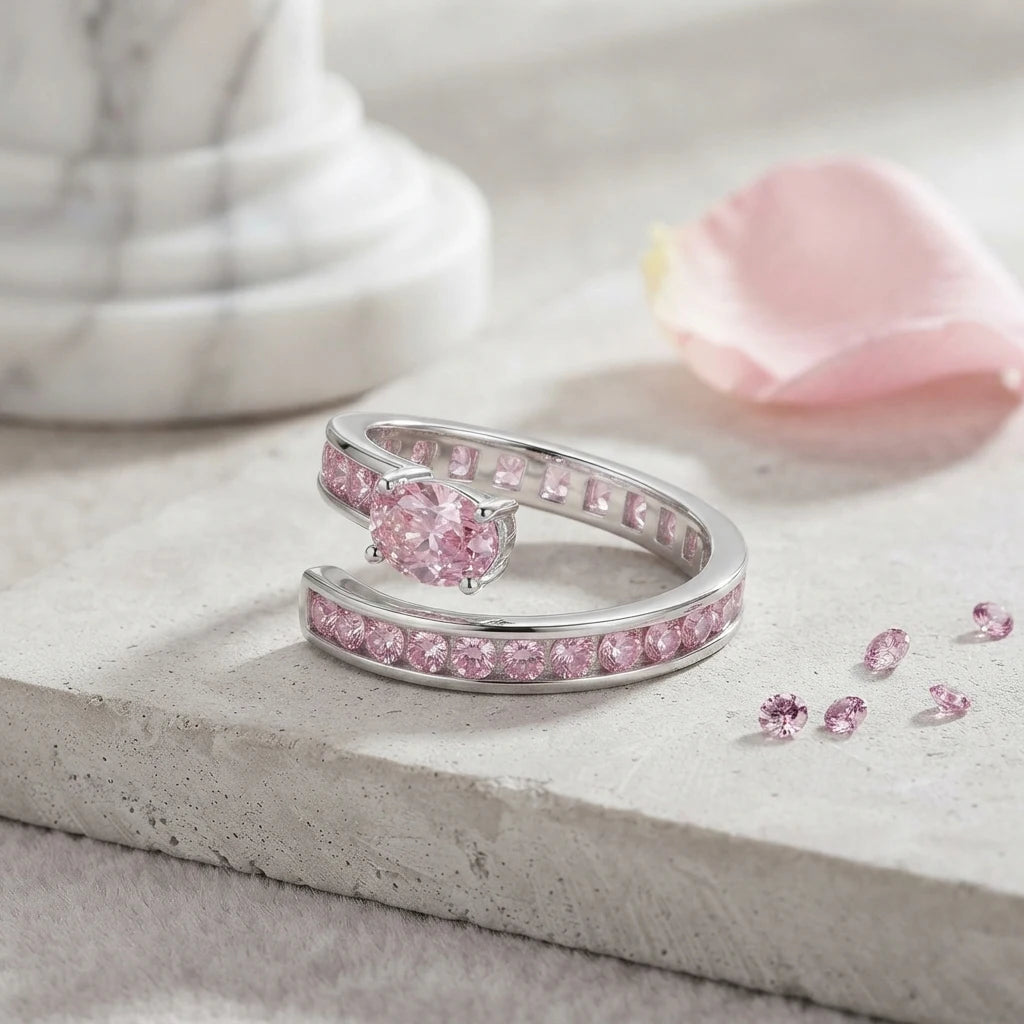 Silver Color Inlaid Oval Pink CZ Luxury Adjustable Women Open Ring, Jewelry Gift for Commute Party Dating Vacation