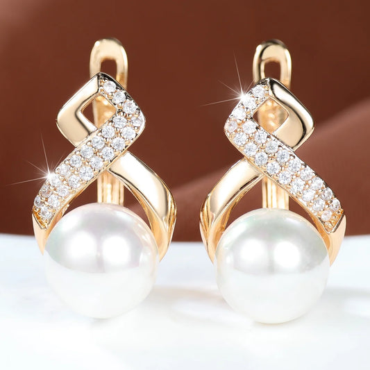 Small Round White Pearl Zircon Fashion Hoop Earrings Charm Female Gold Color Wedding Jewelry For Women