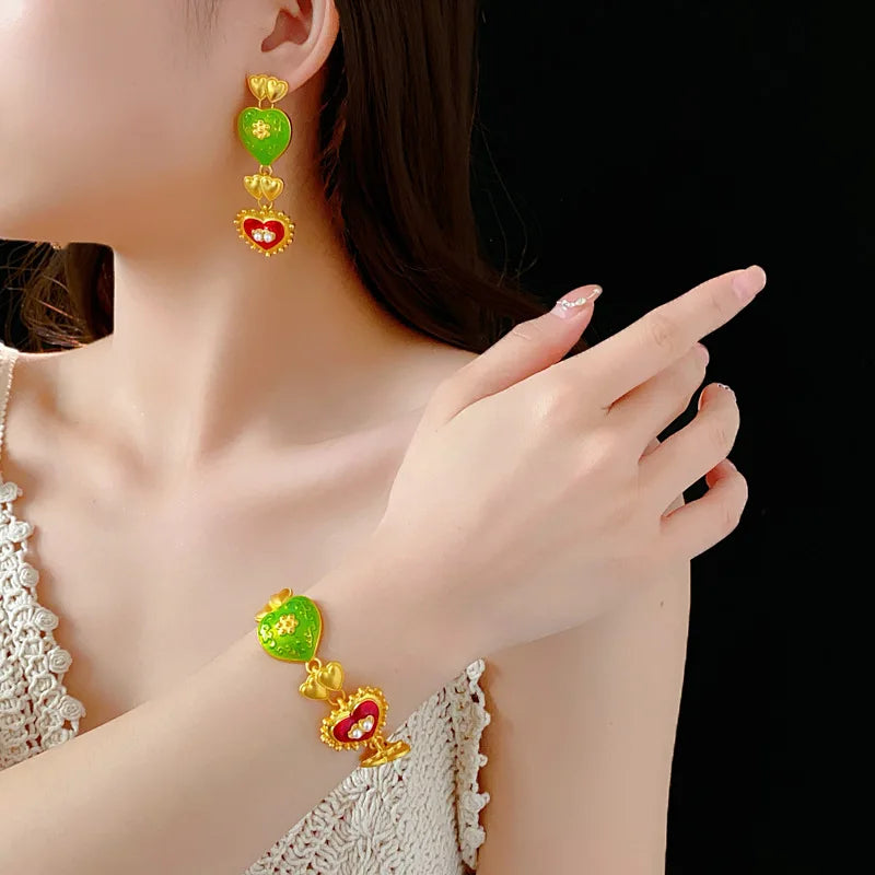 Vintage Bracelet Earrings Set for Women Drip Oil Love Flower Drop Earrings Light Luxury Jewelry Sets Wedding Party Gift