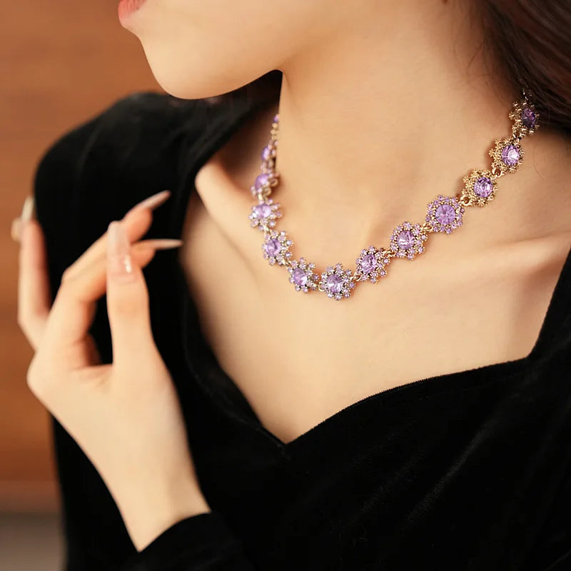 Vintage Amethyst Round Flower Cluster Necklace Bracelet Earring Jewelry Set Antique Silver Luxury Women Bridal Wedding Jewelry N
