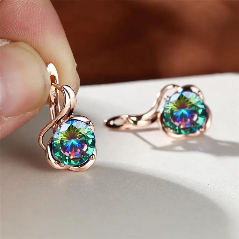 Female Crystal Round Red Green Purple Zircon Stone Flower Hoop Earrings Charm Rose Gold Color Wedding Jewelry Earrings For Women